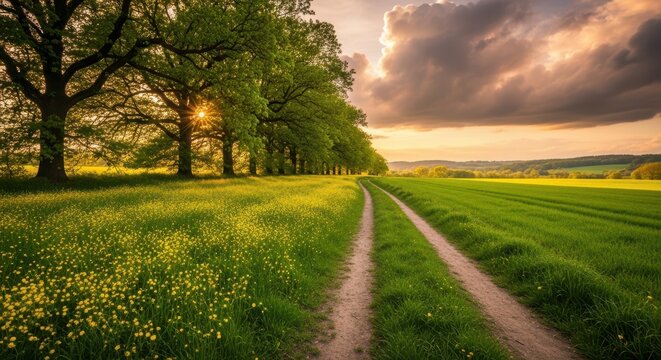 Sunlight filters through trees onto a grassy path leading through rolling green fields at sunset