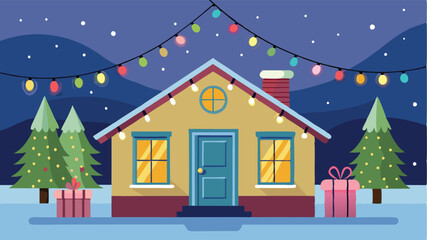 Cartoon house with Christmas lights in snowy winter night, Cozy holiday home adorned for the festive season