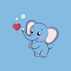 Cute blue elephant blowing bubbles and holding a heart silhouette