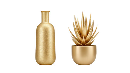 Golden bottle and gold potted succulent plant, both with metallic finish, isolated on transparent background, modern decorative objects for home or office interior design