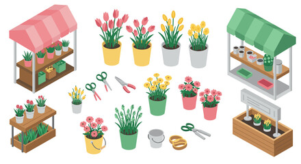Fototapeta premium Charming flower market with colorful pots and garden tools in isometric style