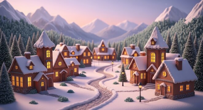 Charming winter village nestled in a snowy valley with cozy houses and snowcovered mountains in the background