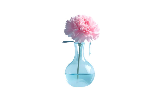 A pink carnation blossom in a blue-tinted, globular glass vase against a black background