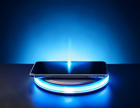 a smartphone rests on a wireless charging pad that emits a blue light concept modern technology wireless charging innovation