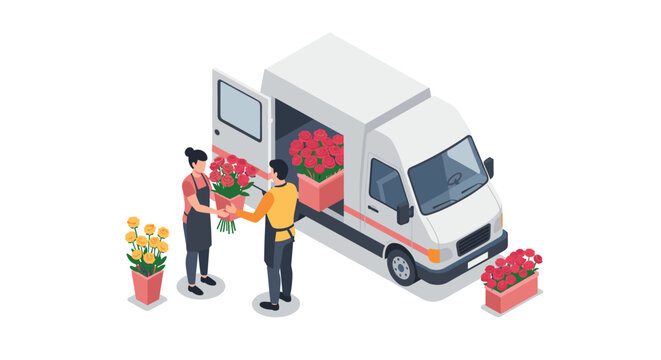 Isometric flower delivery scene with florist van and floral arrangements