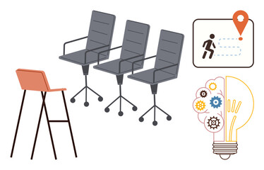 Office chairs, stool, light bulb with gears, and map pin icon symbolizing creativity, workplace, innovation, team collaboration, problem-solving productivity efficiency. A simple flat metaphor