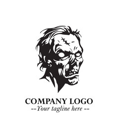Head of Zombie Logo Symbol in Black on the White Background with Horror Minimal Vector Design