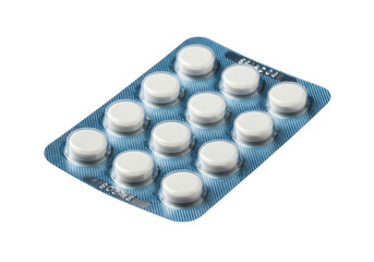 Blister pack of white round pills isolated PNG, medication tablets for healthcare and pharmaceutical use on transparent background