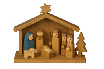 Nativity scene wood carving depicting the birth of jesus christ, featuring mary, joseph, baby jesus, shepherds, and wise men, on transparent background