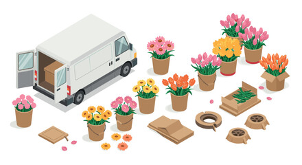 Isometric delivery van with colorful flower arrangements and packaging materials