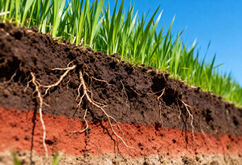 A close up view of soil layers with green grass and roots against a clear blue sky background