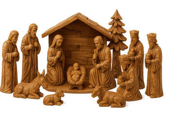 Wood carving of a complete nativity scene, depicting the christmas story with spiritual figures and the holy family, isolated on a transparent background