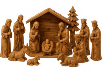 Wood carving of a complete nativity scene, depicting the christmas story with spiritual figures and the holy family, isolated on a transparent background