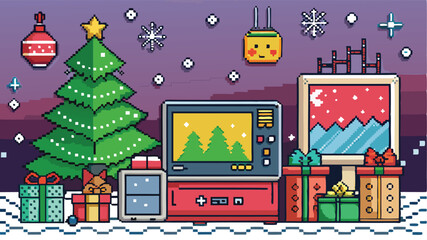 Pixel art Christmas scene with retro TV, presents, and tree, A nostalgic 8-bit holiday gaming experience