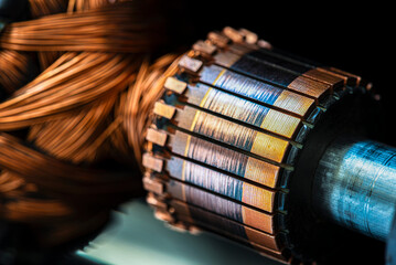 Close-up of electric motor rotor with metal structure and copper windings