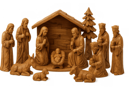 Wood carving of a complete nativity scene, depicting the christmas story with spiritual figures and the holy family, isolated on a transparent background