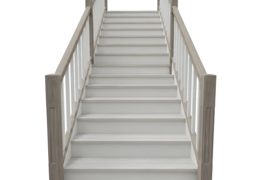 Wooden staircase with white railing isolated on transparent background