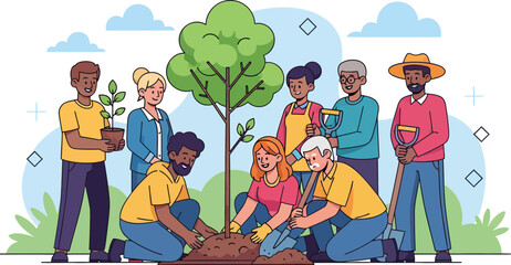 Diverse Group Planting a New Tree Together
