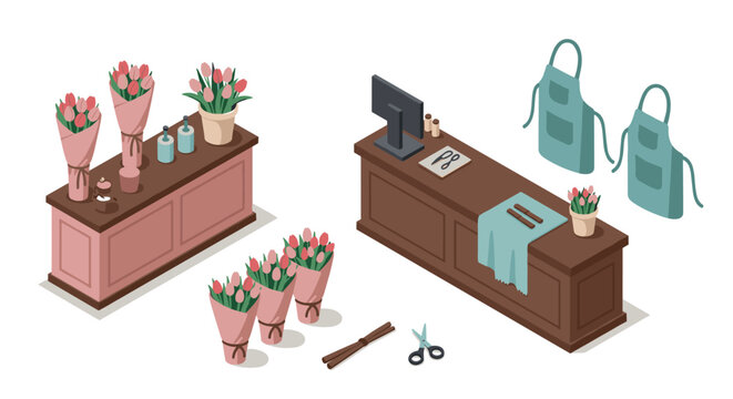 Isometric flower shop interior with tulip bouquets and tools on counters - Powered by Adobe