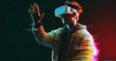 Person wearing virtual reality headset interacting with digital space.