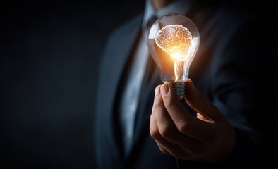 Businessman holding glowing lightbulb with brain inside against dark background.
