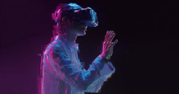 Figure wearing virtual reality headset interacts with digital space glitching - Powered by Adobe