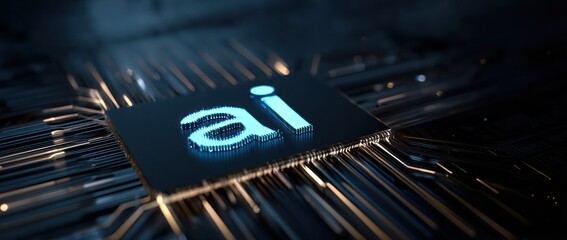 Glowing ai text on dark microchip circuitry with abstract light trails