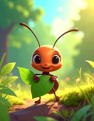 Charming Ant Cartoon Character Carrying a Leaf in a Sunny Forest.