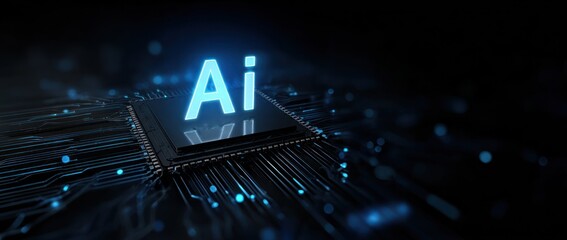 Glowing ai text on dark futuristic computer chip circuitry background