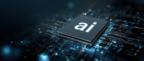 Glowing ai chip on dark abstract circuit board background