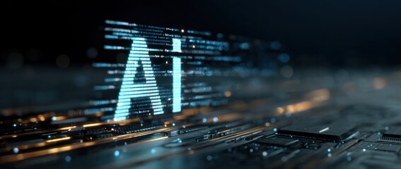 Glowing artificial intelligence text over futuristic dark circuit board background