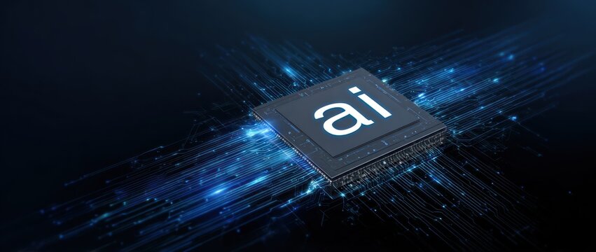 Glowing ai chip on dark background with blue light trails. - Powered by Adobe
