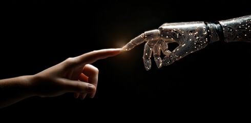 Human and robot fingers nearly touching against black background.