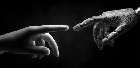 Human finger nearly touches a robotic circuit board hand.