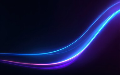 Abstract dark background with glowing blue and purple neon light waves.