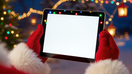 Santa hands in red gloves holding tablet with blank white screen framed by colorful lights. Christmas mockup for greeting or holiday design.