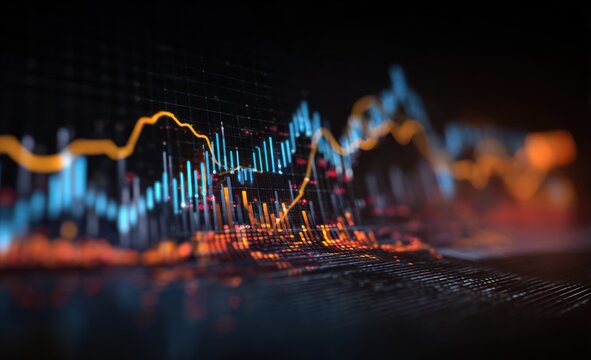 Abstract digital financial data visualization with glowing bars and lines.