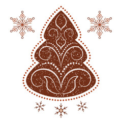 Brown gingerbread Christmas trees with snowflakes. Cute winter holiday design element on white background. Brown fir tree with white curls. Warm christmas holiday decor