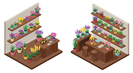 Isometric flower shop interior with colorful potted plants on shelves and counters