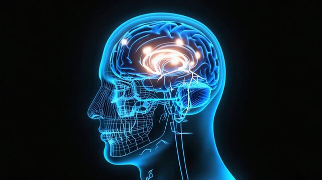 Blue human head outline with brain visible and glowing on a black background anatomical representation
