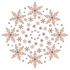 Winter round ornament of brown snowflakes. Gingerbread snowflakes on white background. Mandala ornament illustration. Christmas holiday decor