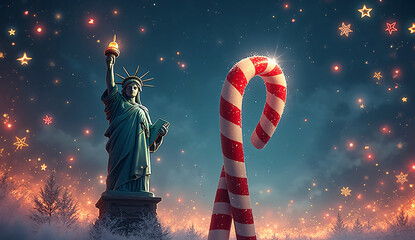 Statue of Liberty Holding Candy Cane Surrounded by Christmas Lights Snowflakes and USA Flag Colors Festive Banner
