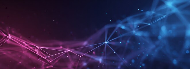 Abstract digital network structure with pink and blue glowing lines.