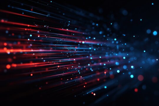Abstract dark background with red and blue light streaks and bokeh effects.
