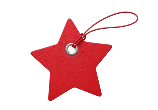 Red star shaped tag isolated PNG on transparent background, price label for sale and discount promotions