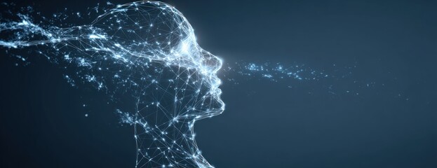 Digital wireframe human head profile dissolving into light particles