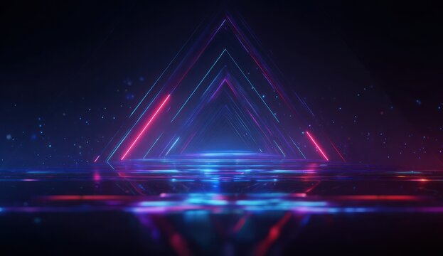 Abstract neon light tunnel with glowing particles and reflections.