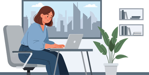 Focused Woman Working on Laptop in Modern Office