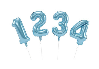 Light blue number balloons 1, 2, 3, and 4 isolated PNG, party decoration elements for birthday...