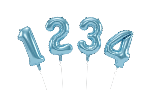 Light blue number balloons 1, 2, 3, and 4 isolated PNG, party decoration elements for birthday celebration and anniversary design